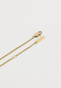 Cadena en tono dorado con eslabones retorcidos, que presenta un cierre de langosta y una etiqueta rectangular grabada con "Calvin Klein". Textura suave y acabado brillante.