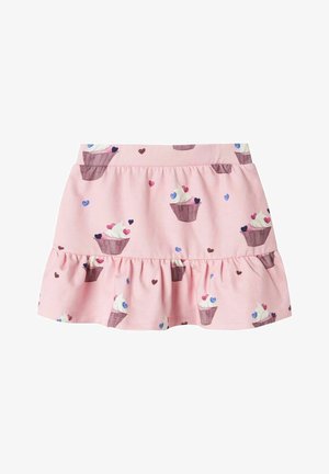 Gonna rosa con orlo a frangia, con motivo a cupcake e piccoli cuori blu e rosa, realizzata in tessuto morbido. Vita elastica.