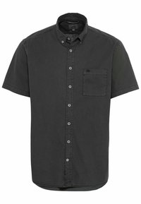 Camicia a maniche corte con bottoni in cotone grigio scuro. Presenta una tasca sul petto e un colletto alla francese, con bottoni a contrasto.