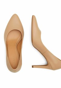 Décolleté beige in pelle con punta affusolata, texture liscia, silhouette elegante e tacco stiletto sottile. Presenta dettagli di cuciture interne.