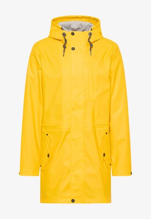 Gele waterdichte regenjas met capuchon, grijze voering, ritssluiting aan de voorkant, twee zijzakken en verstelbare koorden op de capuchon.