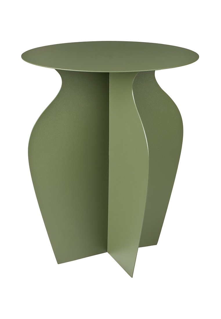 Runder Tisch aus olivgrünem Metall; verfügt über ein skulpturales Design mit einer geschweiften Basis und strukturiertem Oberflächenfinish. Geeignet für den Innen- oder Außenbereich.