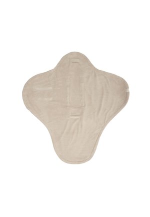 Soft beige swaddle blanket with a winged shape and attached fabric straps for securing a baby.