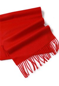 Sciarpa in lana rossa con una texture liscia, caratterizzata da lunghe frange sui bordi per un tocco di dettaglio in più. Il tessuto appare morbido e caldo.