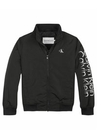 Giacca bomber nera con chiusura a zip, collo alto e polsini elasticizzati. Presenta il logo Calvin Klein bianco sulla manica e sul petto.
