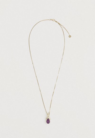 Delikatny złoty naszyjnik z łańcuszkiem, ozdobiony zawieszką w kształcie łezki z fioletowym kamieniem szlachetnym oraz regulowanym zapięciem na białym tle.