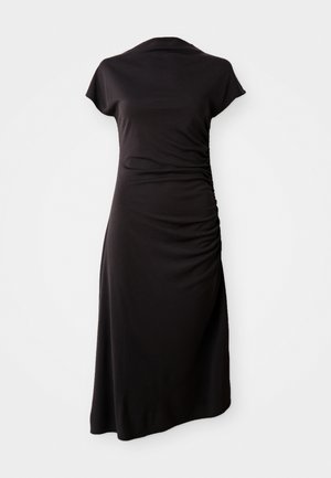 Vestido negro con un diseño ajustado, mangas cortas y detalles recogidos en los laterales. Confeccionado en una tela suave y elástica, presenta una silueta que cae a la mitad de la pantorrilla.