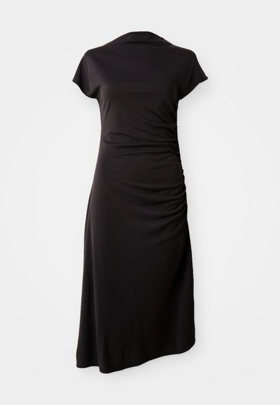 Black dress with a fitted design, short sleeves, and gathered side detailing. Made from soft, stretchy fabric, featuring a silhouette that falls mid-calf.