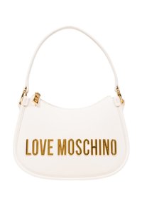 Borsa a tracolla bianca in pelle con forma curva, caratterizzata da un audace lettering dorato "LOVE MOSCHINO" sul frontale e una tracolla corta.