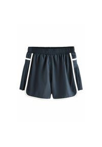 Marineblauwe sportshorts van gladde stof, met witte zijkanten en een geplooid ontwerp aan één kant. Elastische tailleband voor comfort.