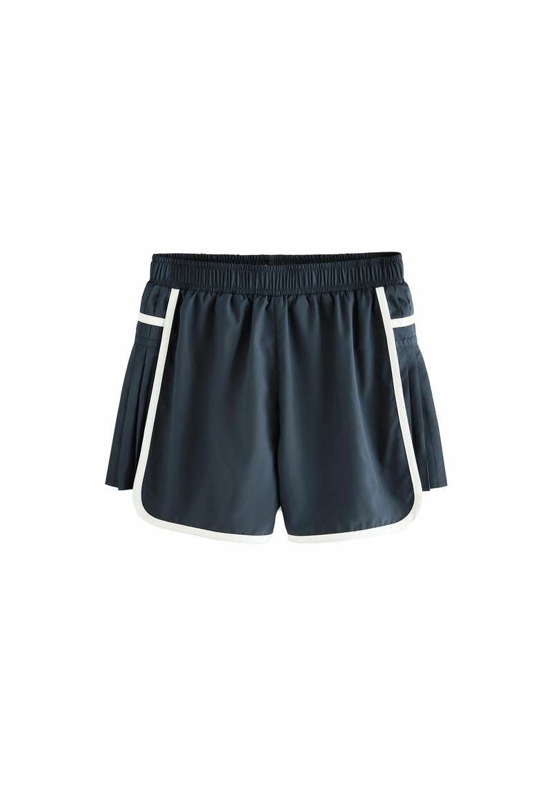 Marineblauwe sportshorts van gladde stof, met witte zijkanten en een geplooid ontwerp aan één kant. Elastische tailleband voor comfort.