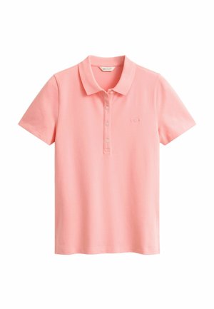 Roze korte mouwen poloshirt met kraag, drie knopen en een subtiel geborduurd logo op de borst, weergegeven op een witte achtergrond.