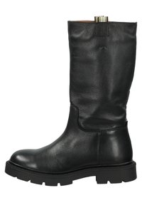 Black leather knee-high boot with a round toe, sturdy sole, and a decorative tab at the top, featuring a smooth texture and minimal design.