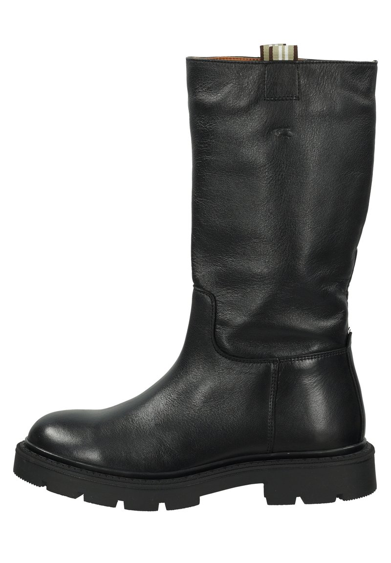 Black leather knee-high boot with a round toe, sturdy sole, and a decorative tab at the top, featuring a smooth texture and minimal design.