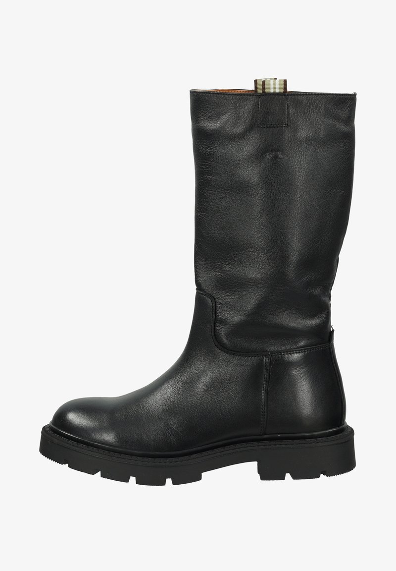 Black leather knee-high boot with a round toe, sturdy sole, and a decorative tab at the top, featuring a smooth texture and minimal design.