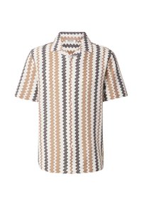 Chemise à manches courtes avec un motif en zigzag composé de rayures marron, crème et noires. Dotée d'un col et de boutons sur le devant. Tissu en mélange de coton.