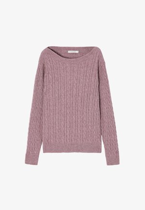 Light purple cable-knit sweater with an off-the-shoulder neckline, long sleeves, and ribbed cuffs and hem in soft textured fabric.