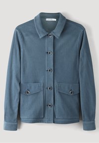 Modrá kordurová bunda s knoflíkovým zapínáním vpředu, dvěma předními kapsami s knoflíky a límcem. Tkanina má texturovaný ribbový vzor.