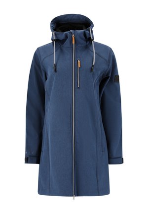 Mørkeblå hættejakke med fuldlængde lynlås, justerbare snore, sidelommer og et broderet logo på ærmet.