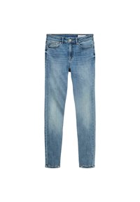 Šviesiai mėlyni džinsai iš džinso, šiek tiek išeikvoto skalbimo, siauro kirpimo, su penkiomis kišenėmis ir užtrauktuku bei sagos užsegimu.