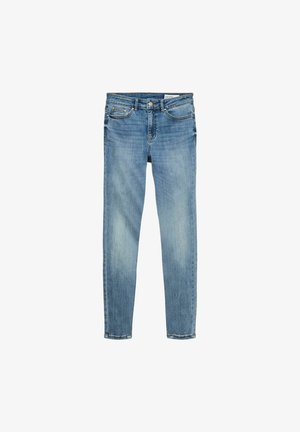 Gaiši zili džinsa bikses ar viegli izbalējušu mazgājumu, plāns piegriezums, piecas kabatas un rāvējslēdzēja aizdare ar pogu.