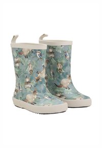 Barnstorlek regn stövlar med en ljusblå bakgrund, prydda med detaljerade mönster av djur och löv, vit gummitrim och texturerade sulor.