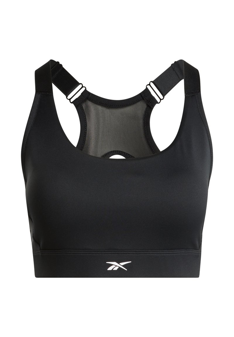 Sujetador deportivo negro con una textura lisa, tirantes ajustables y un panel trasero de malla. Presenta un logo en blanco en la parte frontal.