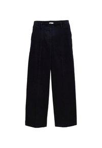 Pantaloni a gamba larga in corduroy blu navy con taglio dritto, pieghe frontali e una texture sottile. Presentano passanti per cintura e zip metallica.