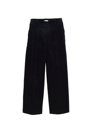 Marineblauwe corduroy wijduitlopende broek met een recht silhouette, voor prestaties en een subtiele textuur. Voorzien van riemlussen en een metalen rits.