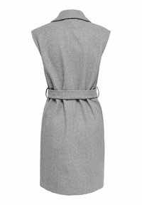 Cappotto senza maniche in misto lana grigia con colletto e cintura in vita. Presenta una texture liscia e un design dritto di lunghezza media sul retro.