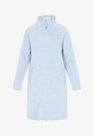 Hele sinine, keskmise pikkusega jakk kõrge kaelusega, täieliku esivööga, kahe küljetaskuga, pehme tekstuuriga kangas ja minimaalne brändi detail.