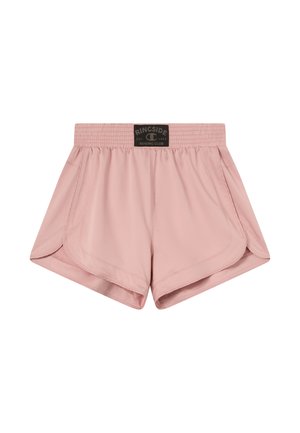 Pantalones cortos de boxeo rosa claro con cintura elástica y etiqueta negra "Ringside Boxing Club" en el centro delantero.