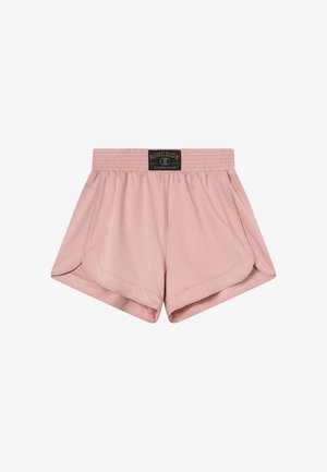 Pantalones cortos de boxeo rosa claro con cintura elástica y etiqueta negra "Ringside Boxing Club" en el centro delantero.