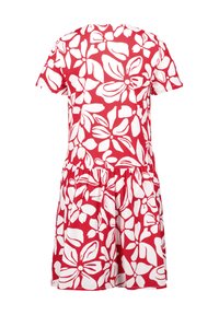 Kurzärmliges Kleid aus rotem Stoff mit einem weißen Blumenmuster, das eine geraffte Taille und eine gerade Silhouette aufweist.