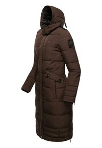 Brown puffer coat with a hood, featuring a zip closure, side pockets, and a logo patch on the sleeve. Textured quilted design.