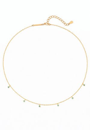 Delicate gold chain necklace with five evenly spaced small green gemstone charms and an adjustable clasp.