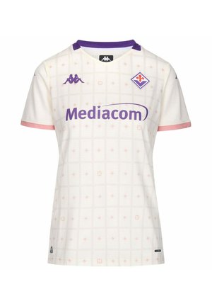 Maillot de football blanc avec col violet, bords de manches roses, logo Mediacom, logos Kappa et écusson de l'équipe Fiorentina sur la poitrine.