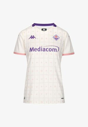 Maglia da calcio bianca con collo viola, bordi delle maniche rosa, logo Mediacom, loghi Kappa e stemma della Fiorentina sul petto.