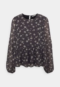 Blusa floral preta com mangas longas, decote redondo, bainha franzida e tecido leve e transparente com pequenas flores brancas e azuis.