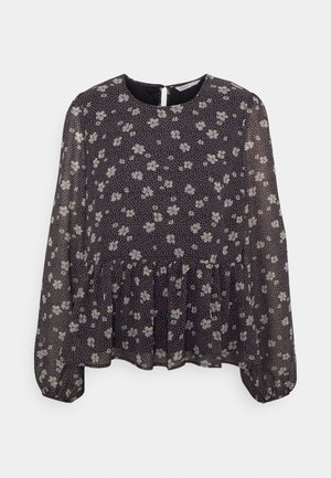 Blusa floral preta com mangas longas, decote redondo, bainha franzida e tecido leve e transparente com pequenas flores brancas e azuis.