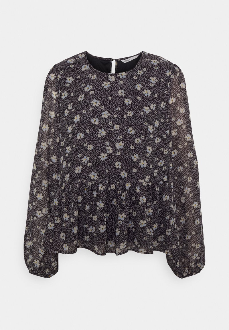 Blusa floral preta com mangas longas, decote redondo, bainha franzida e tecido leve e transparente com pequenas flores brancas e azuis.