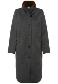 Cappotto grigio in lana con collo in pelliccia sintetica marrone, chiusura frontale con bottoni e due tasche laterali; lunghezza al ginocchio con un design a taglio dritto.