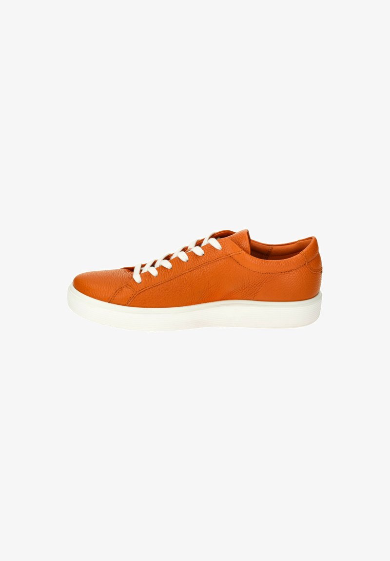 Leather sneaker in vibrant orange with a textured finish, white rubber sole, contrasting white laces, and a low-profile design.