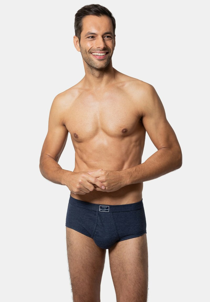 Mörkblå randiga kalsonger för män tillverkade av mjukt tyg, med en bekväm elastisk midjeband och en åtsittande design.