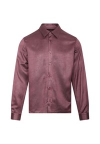 Burgunderfarget langermet skjorte med blank, teksturert overflate, med klassisk krage og matchende knapper foran.