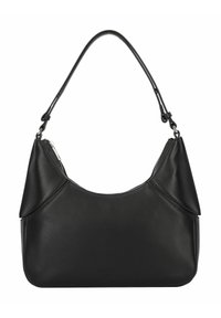 Borsa a spalla in pelle nera con forma curva, chiusura zip superiore e una sola maniglia regolabile. Caratterizzata da un design minimalista e una texture liscia.