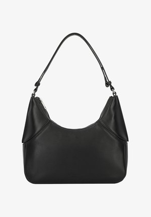 Czarna skórzana torba na ramię o zaokrąglonym kształcie, z zamknięciem na górze i pojedynczym regulowanym uchwytem. Posiada minimalistyczny design i gładką teksturę.