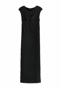 Robe maxi noire avec une surface texturée, manches courtes et un détail noué au niveau du col. Silhouette simple et épurée.