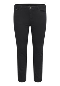 Pantalon en denim noir slim, avec une fermeture à bouton sur le devant, deux poches latérales et une finition lisse.