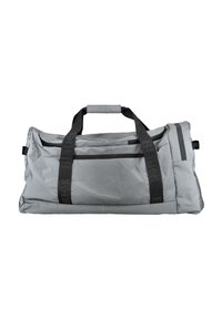 Szary worek podróżny z czarnymi paskami, z zamykaną kieszonką z przodu i miękkim, teksturowanym materiałem. Kompaktowy prostokątny kształt.